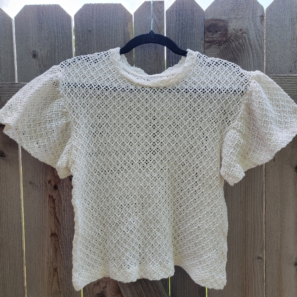 White Textured Lace Knit Crochet Flutter Sleeves Top